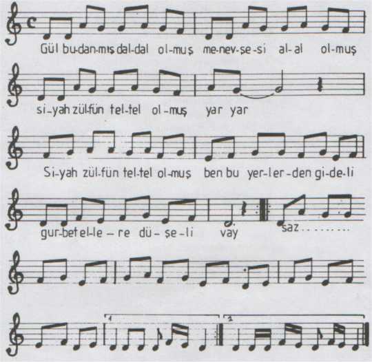 Gül Budanmış Dal Dal Olmuş Türküsünün (1.Varyant) Notası