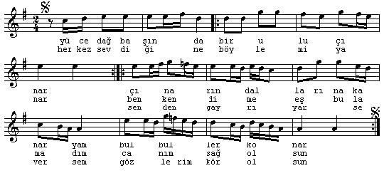 Yüce Dağ Başında Bir Ulu Çınar Türküsünün (1.Varyant) Notası